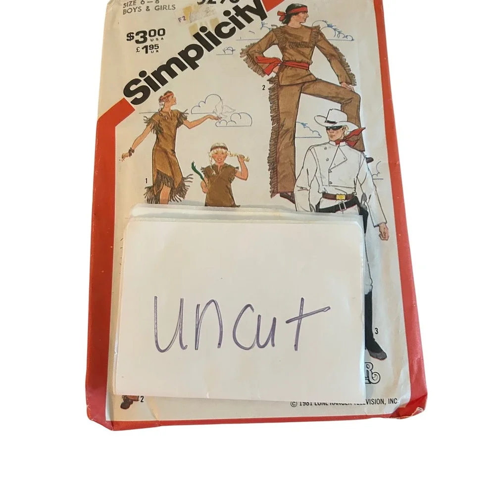 Simplicity 5298 Lone Ranger Tonto Costume Pattern Boys Girls 6-8 UNCUT 1981
